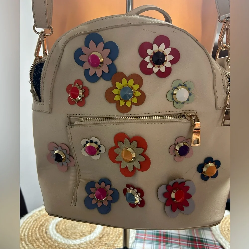 Floral Embellished Cream Boho Mini Backpack - Picture 1 of 16